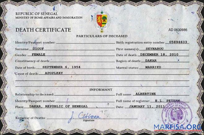 Blank Senegal vital record death certificate PSD template